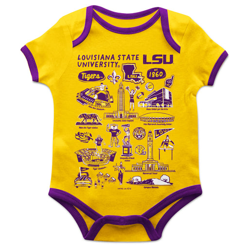 LSU Tigers Hand Sketched Vive La Fete Impressions Artwork Infant Yellow Short Sleeve Onesie Bodysuit