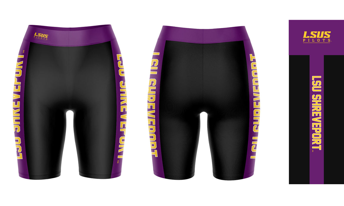 LSU Shreveport LSUS Pilots Vive La Fete Game Day Logo on Waistband and Purple Stripes Black Women Bike Short 9 Inseam - Vive La Fête - Online Apparel Store