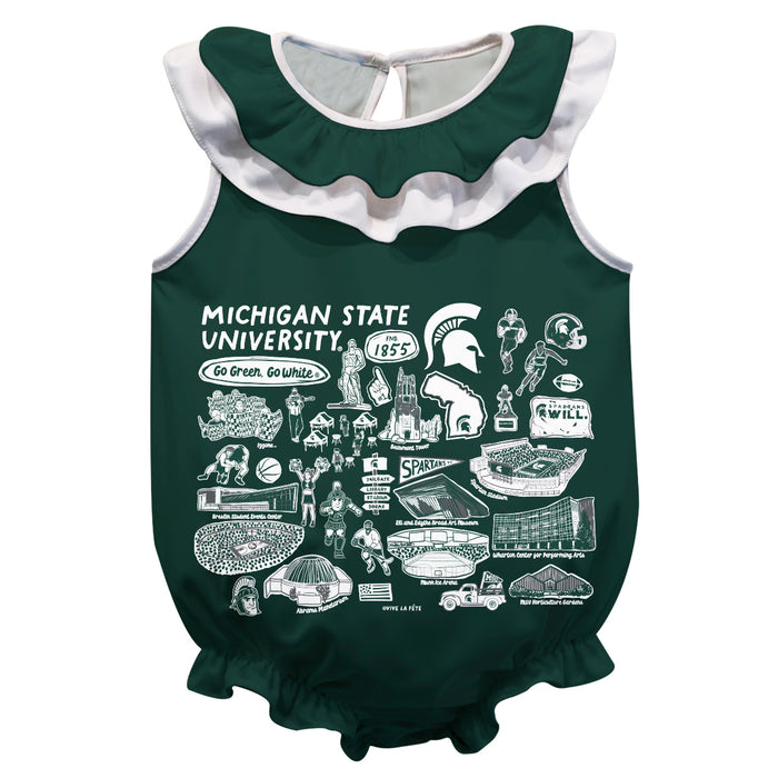 Michigan State Spartans  Green Hand Sketched Vive La Fete Impressions Artwork Sleeveless Ruffle Onesie Bodysuit