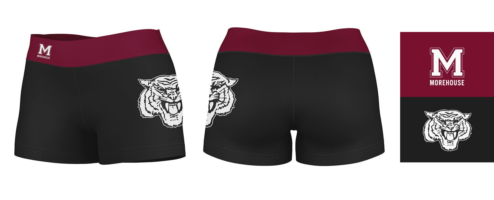 Morehouse Maroon Tigers Vive La Fete Logo on Thigh & Waistband Black Maroon Women Yoga Booty Workout Shorts 3.75 Inseam - Vive La Fête - Online Apparel Store