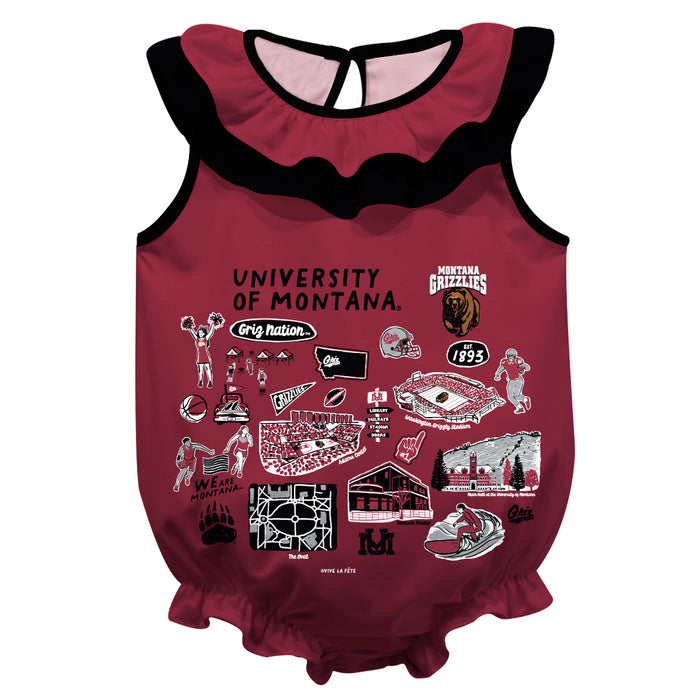 University of Montana Grizzlies  Maroon Hand Sketched Vive La Fete Impressions Artwork Sleeveless Ruffle Onesie Bodysuit