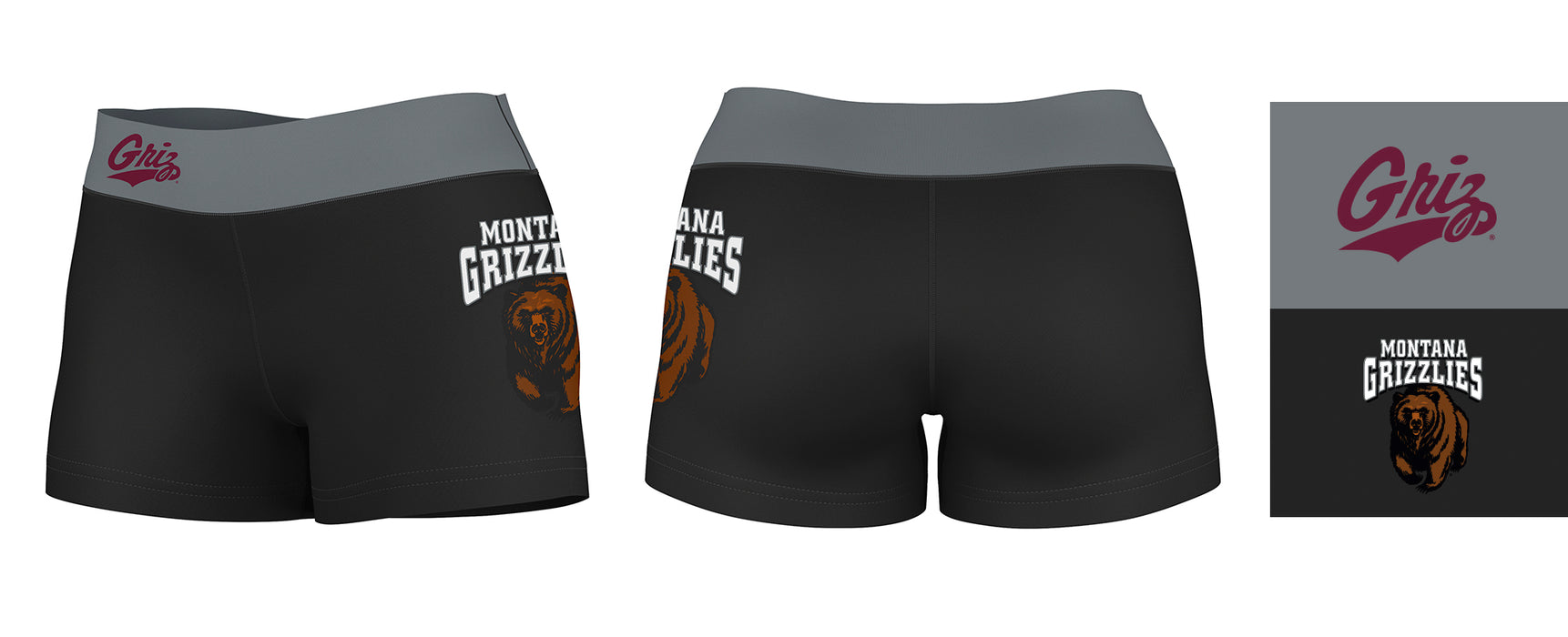 Montana Grizzlies UMT Vive La Fete Logo on Thigh & Waistband Black & Gray Women Yoga Booty Workout Shorts 3.75 Inseam - Vive La Fête - Online Apparel Store