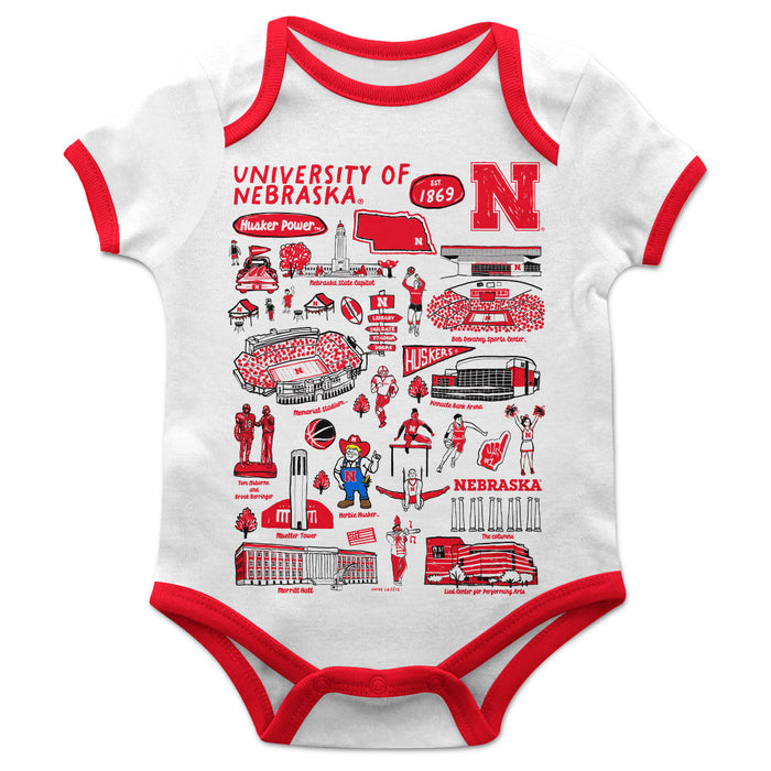 University of Nebraska Huskers Hand Sketched Vive La Fete Impressions Artwork Infant White Short Sleeve Onesie Bodysuit