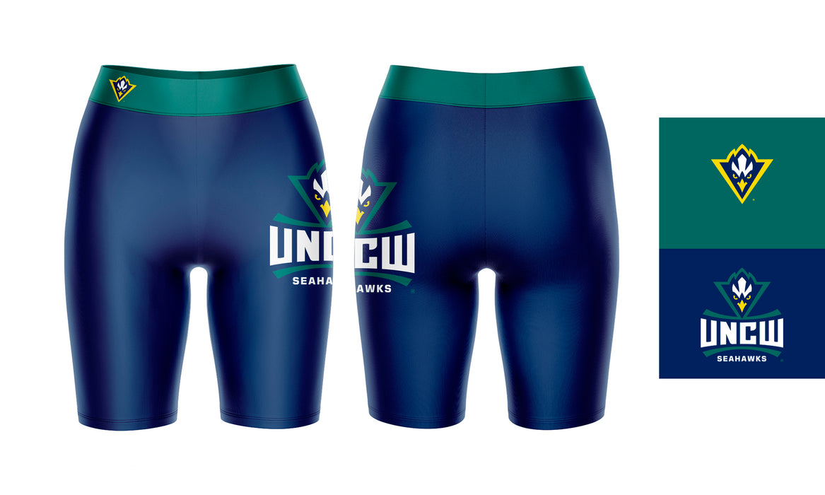 UNC Wilmington Seahawks UNCW Vive La Fete Game Day Logo on Thigh and Waistband Blue and Teal Women Bike Short 9 Inseam - Vive La Fête - Online Apparel Store