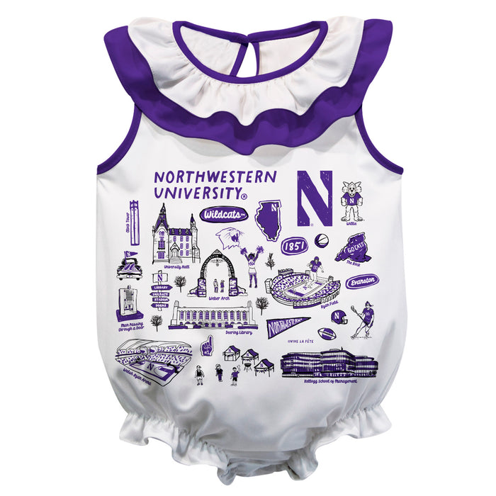 Northwestern University Wildcats  White Hand Sketched Vive La Fete Impressions Artwork Sleeveless Ruffle Onesie Bodysuit