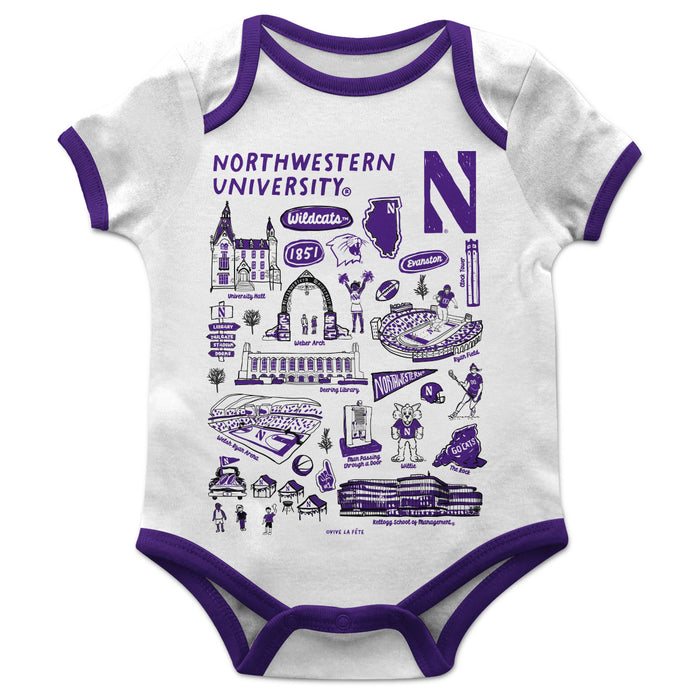 Northwestern University Wildcats Hand Sketched Vive La Fete Impressions Artwork Infant White Short Sleeve Onesie Bodysui