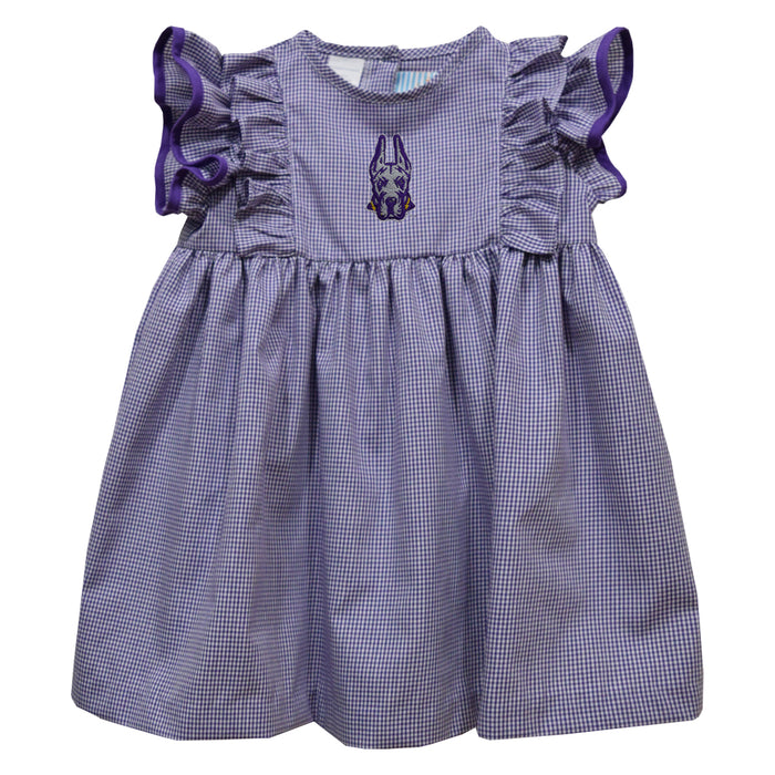 University at Albany Great Danes UALBANY Embroidered Purple Gingham Ruffle Dress