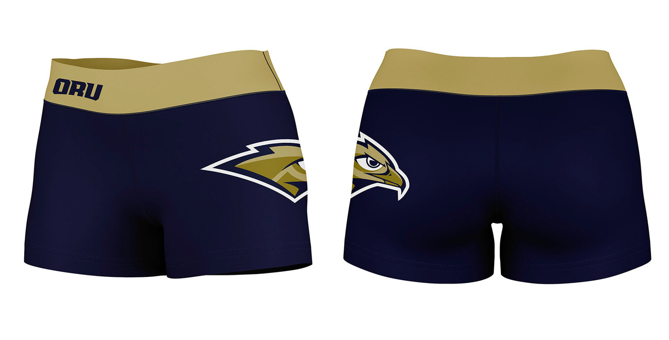 Oral Roberts Golden Eagles Vive La Fete Logo on Thigh & Waistband Navy Gold Women Yoga Booty Workout Shorts 3.75 Inseam - Vive La Fête - Online Apparel Store