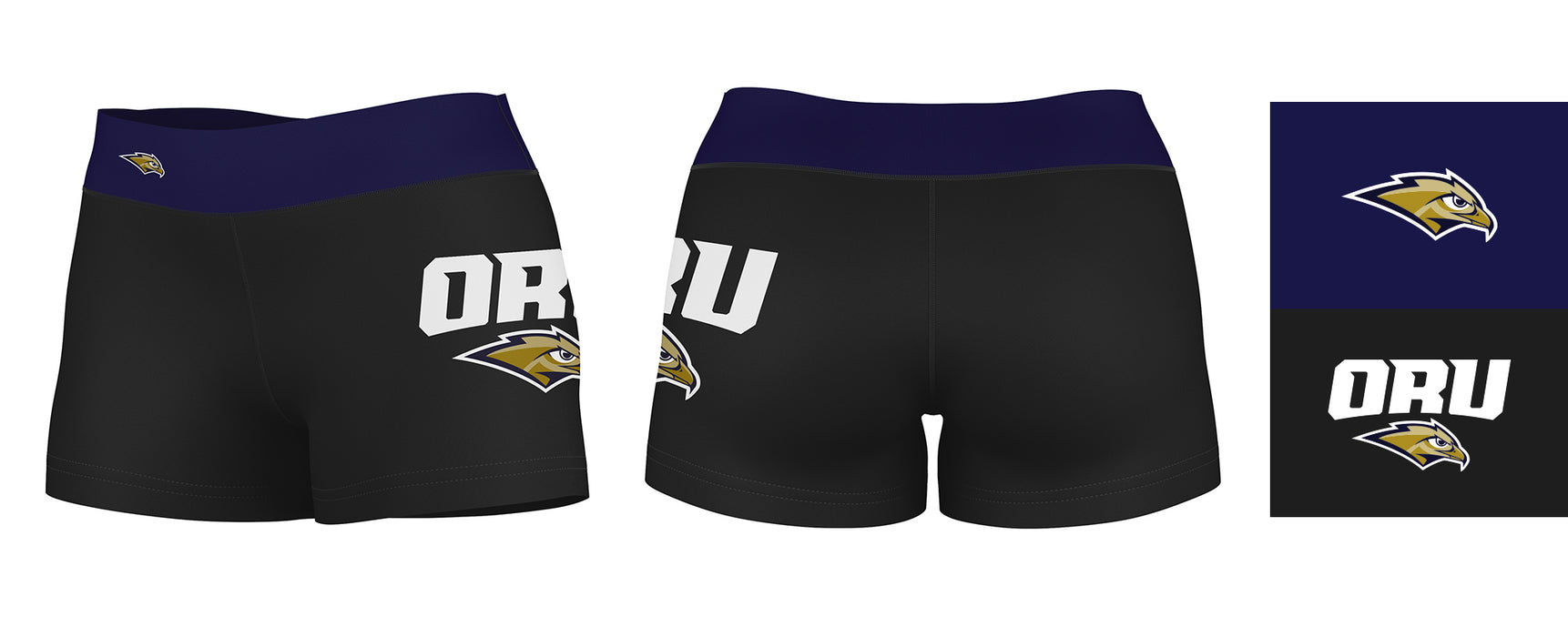 Oral Roberts Golden Eagles Vive La Fete Logo on Thigh & Waistband Black Navy Women Yoga Booty Workout Shorts 3.75 Inseam - Vive La Fête - Online Apparel Store