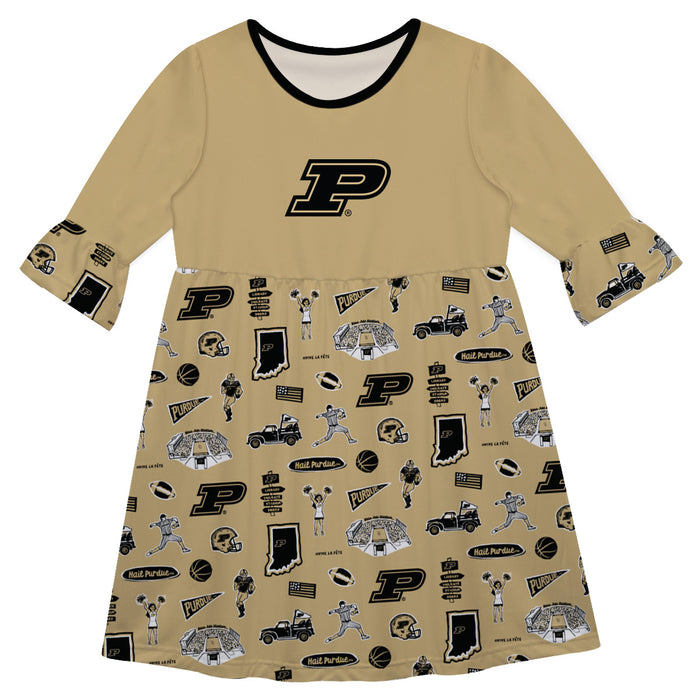 Purdue Boilermakers 3/4 Sleeve Solid Gold Repeat Print Hand Sketched Vive La Fete Impressions Artwork on Skirt