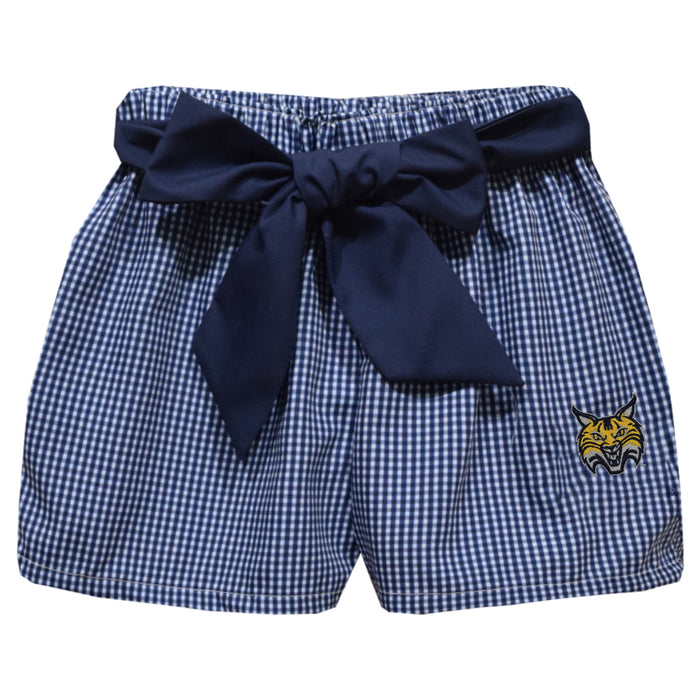 Quinnipiac University Bobcats Embroidered Navy Gingham Girls Short with Sash