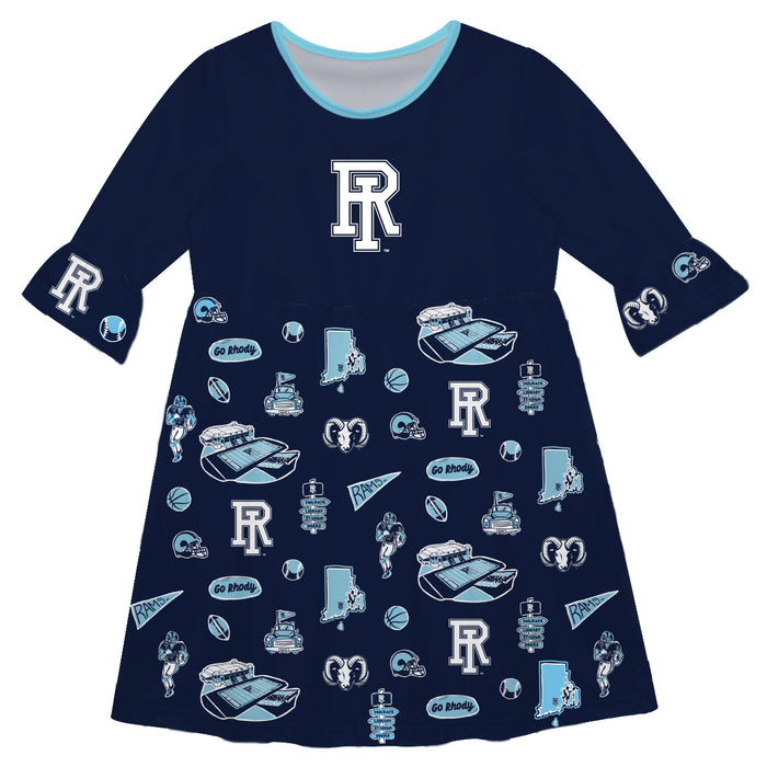 Rhode Island Rams 3/4 Sleeve Solid Navy Repeat Print Hand Sketched Vive La Fete Impressions Artwork on Skirt