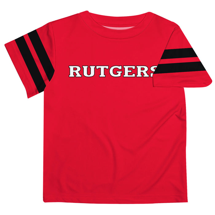 Rutgers State University Scarlet Knights Vive La Fete Boys Game Day Red Short Sleeve Tee with Stripes on Sleeves