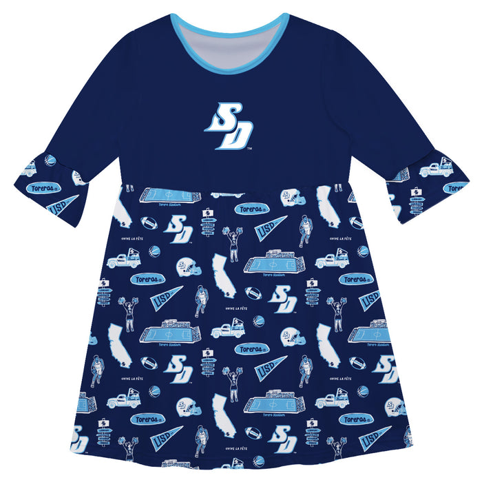 San Diego Toreros 3/4 Sleeve Solid Blue Repeat Print Hand Sketched Vive La Fete Impressions Artwork on Skirt