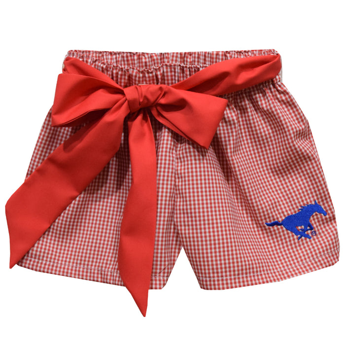 SMU Mustangs Embroidered Red Gingham Girls Short with Sash