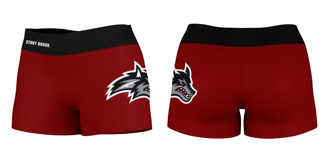 Stony Brook Seawolves Vive La Fete Logo on Thigh & Waistband Red Black Women Yoga Booty Workout Shorts 3.75 Inseam - Vive La Fête - Online Apparel Store