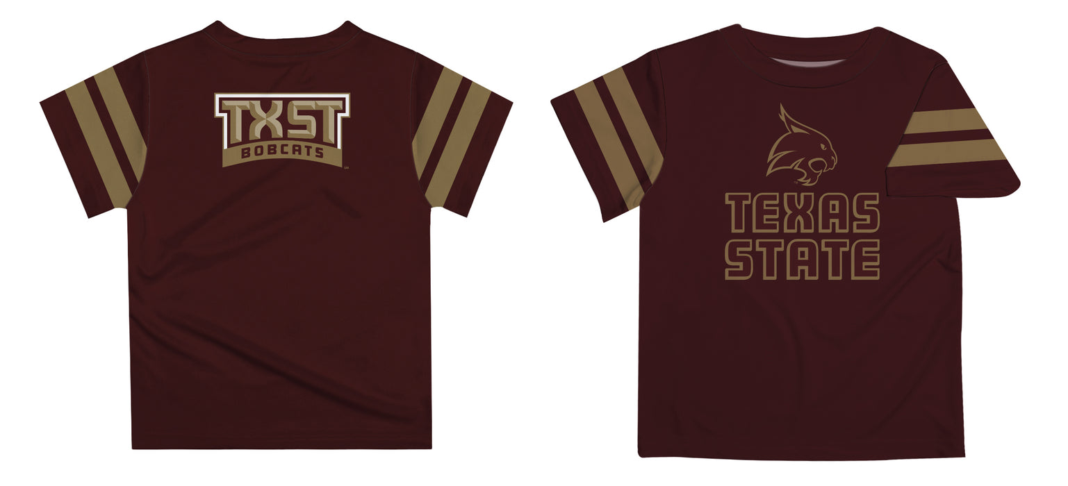 TXST Texas State Bobcats Vive La Fete Boys Game Day Maroon Short Sleeve Tee with Stripes on Sleeves - Vive La Fête - Online Apparel Store