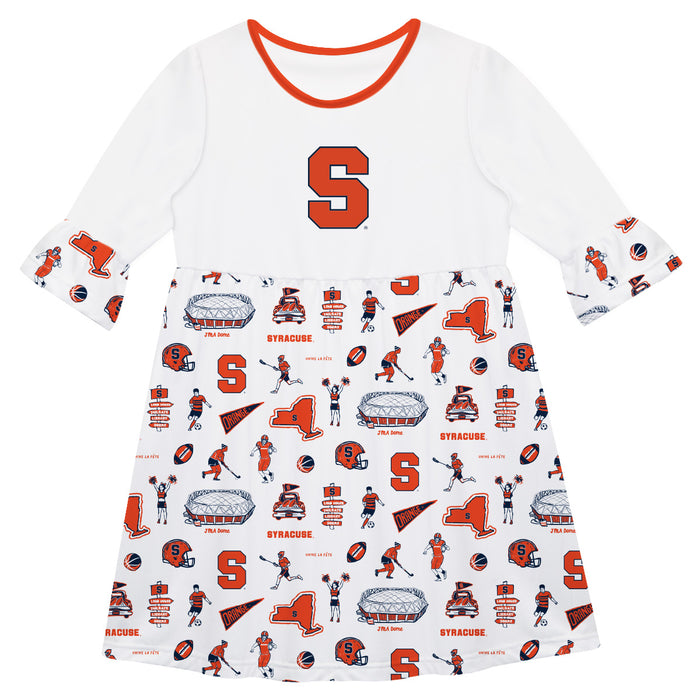 Syracuse Orange 3/4 Sleeve Solid White Repeat Print Hand Sketched Vive La Fete Impressions Artwork on Skirt