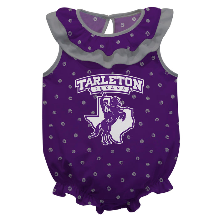 Tarleton State University Swirls Purple Sleeveless Ruffle Onesie Logo Bodysuit