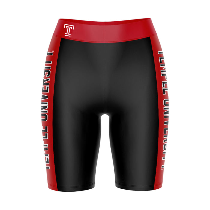 Temple University Owls TU Vive La Fete Game Day Logo on Waistband and Red Stripes Black Women Bike Short 9 Inseam