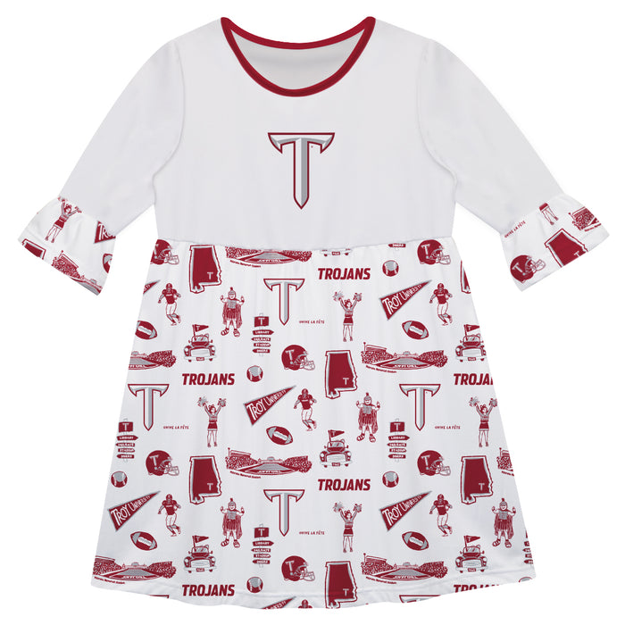 Troy Trojans 3/4 Sleeve Solid White Repeat Print Hand Sketched Vive La Fete Impressions Artwork on Skirt