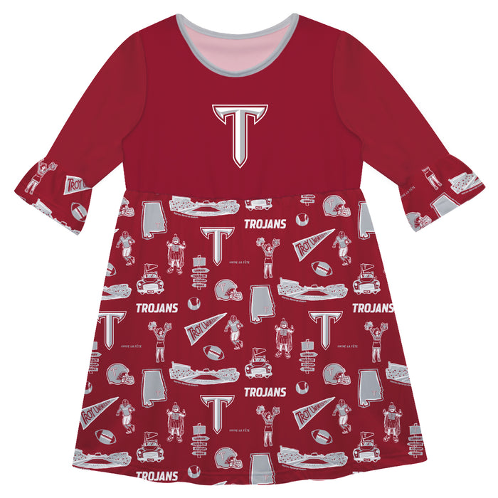 Troy Trojans 3/4 Sleeve Solid Maroon Repeat Print Hand Sketched Vive La Fete Impressions Artwork on Skirt