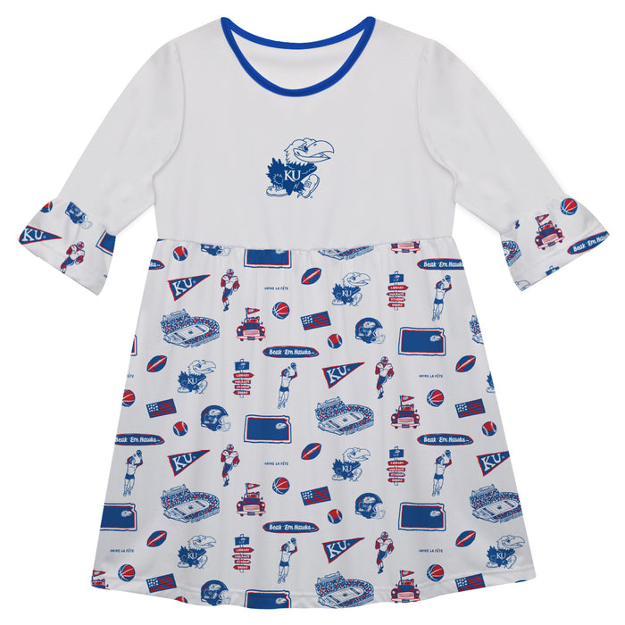 Kansas Jayhawks 3/4 Sleeve Solid White Repeat Print Hand Sketched Vive La Fete Impressions Artwork on Skirt