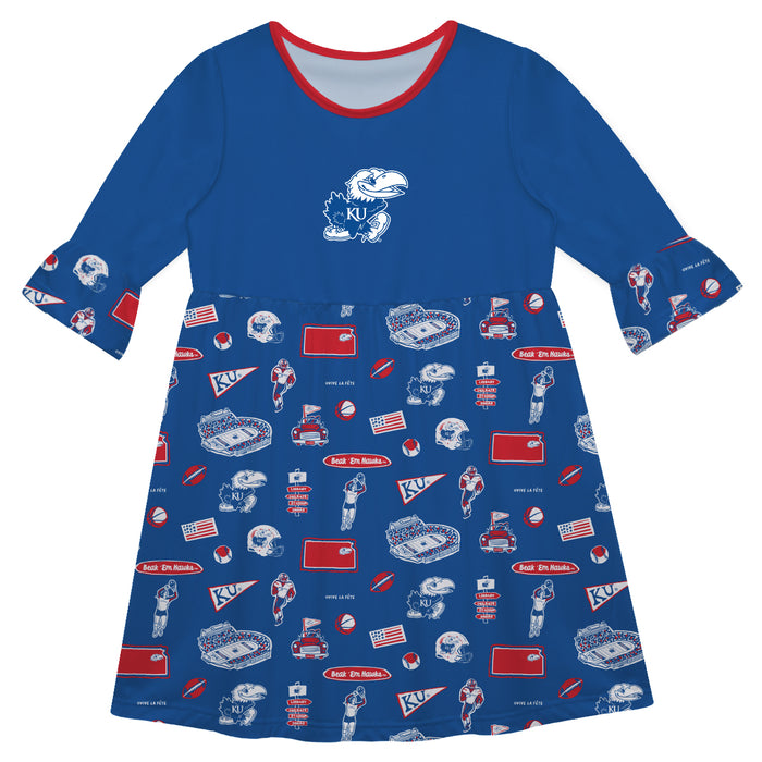 Kansas Jayhawks 3/4 Sleeve Solid Blue Repeat Print Hand Sketched Vive La Fete Impressions Artwork on Skirt