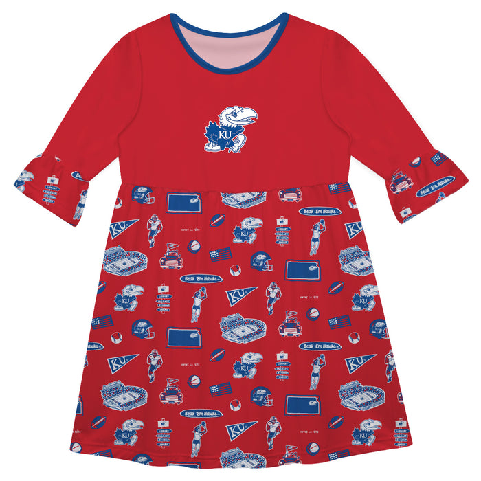 Kansas Jayhawks 3/4 Sleeve Solid Red Repeat Print Hand Sketched Vive La Fete Impressions Artwork on Skirt