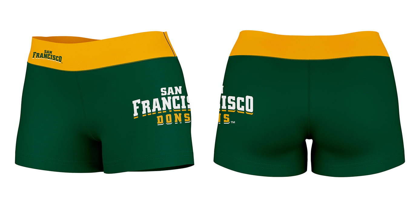 San Francisco Dons Vive La Fete Logo on Thigh & Waistband Green Yellow Women Yoga Booty Workout Shorts 3.75 Inseam" - Vive La Fête - Online Apparel Store