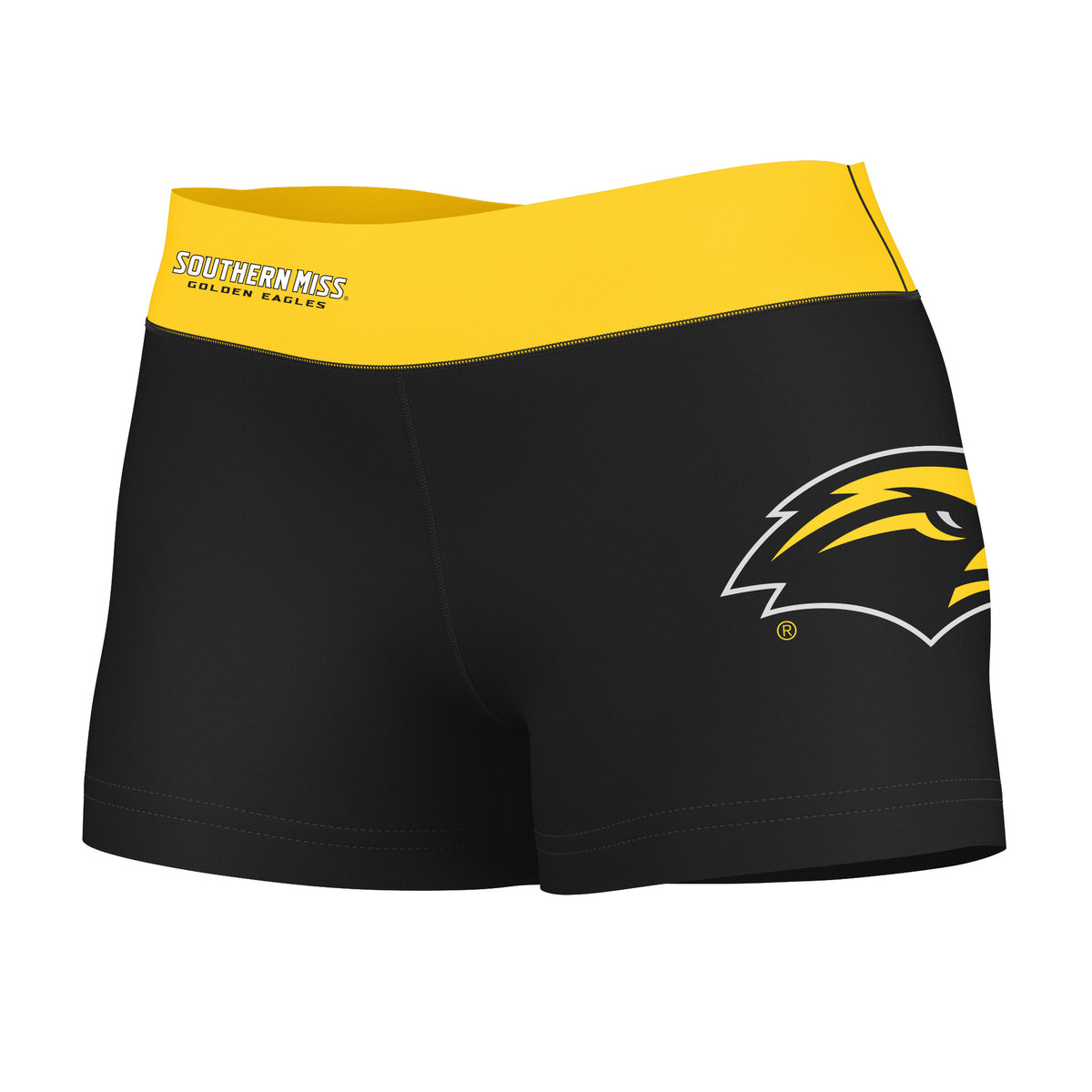 Vive La Fete Collegiate Southern Miss Golden Eagles Logo on Thigh and Waistband Black & Gold Women Yoga Booty Workout Shorts 3.75 Inseam M