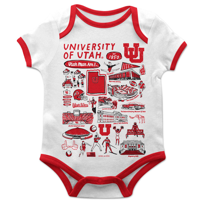 University of Utah Utes Hand Sketched Vive La Fete Impressions Artwork Infant White Short Sleeve Onesie Bodysuit