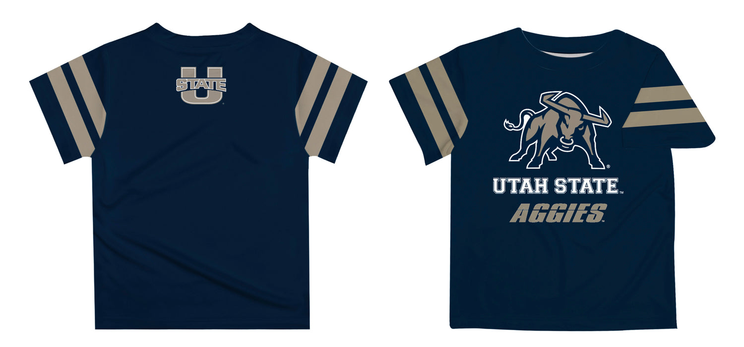 Utah State Aggies USU Vive La Fete Boys Game Day Navy Short Sleeve Tee with Stripes on Sleeves - Vive La Fête - Online Apparel Store