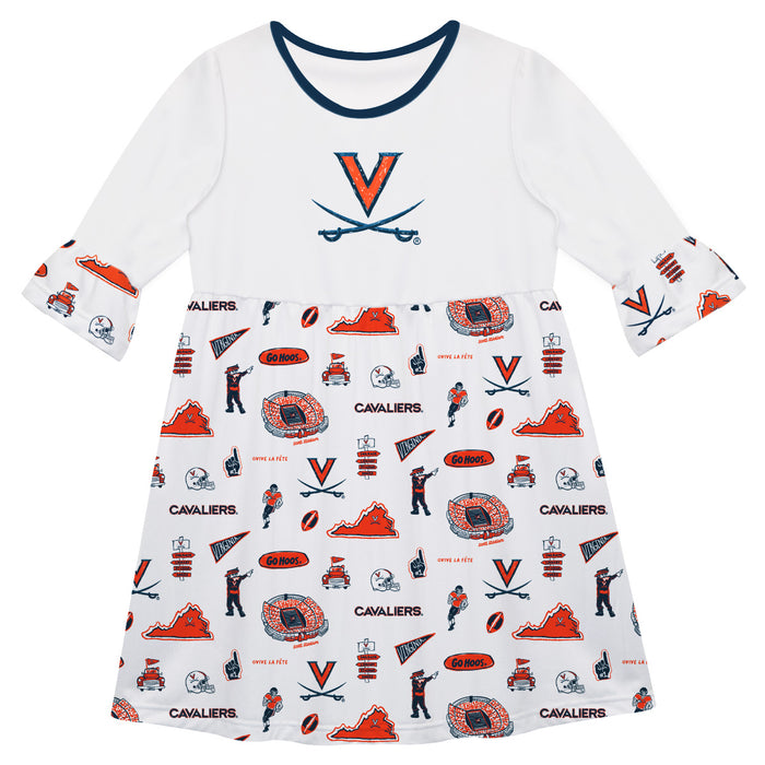 Virginia Cavaliers UVA 3/4 Sleeve Solid White Repeat Print Hand Sketched Vive La Fete Impressions Artwork on Skirt