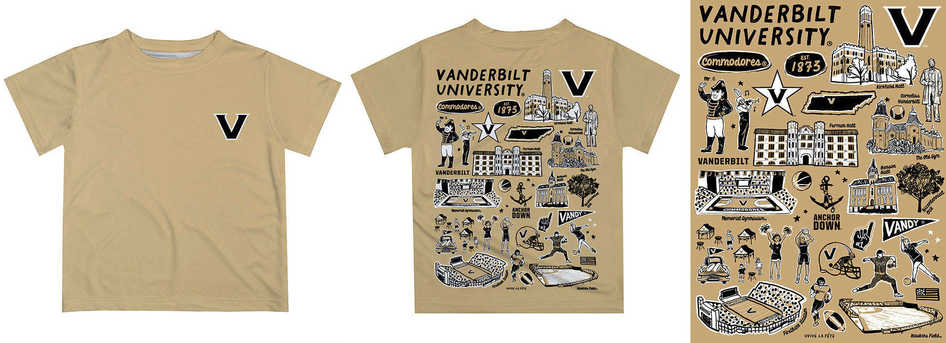 Vanderbilt University Commodores Hand Sketched Vive La Fete Impressions Artwork Boys Gold Short Sleeve Tee Shirt - Vive La Fête - Online Apparel Store