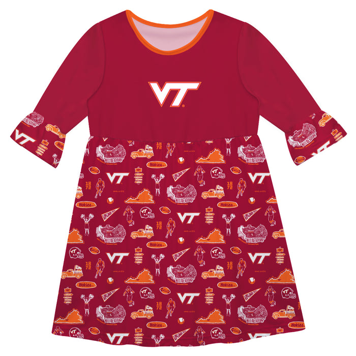 Virginia Tech Hokies VT  3/4 Sleeve Solid Red Repeat Print Hand Sketched Vive La Fete Impressions Artwork on Skirt