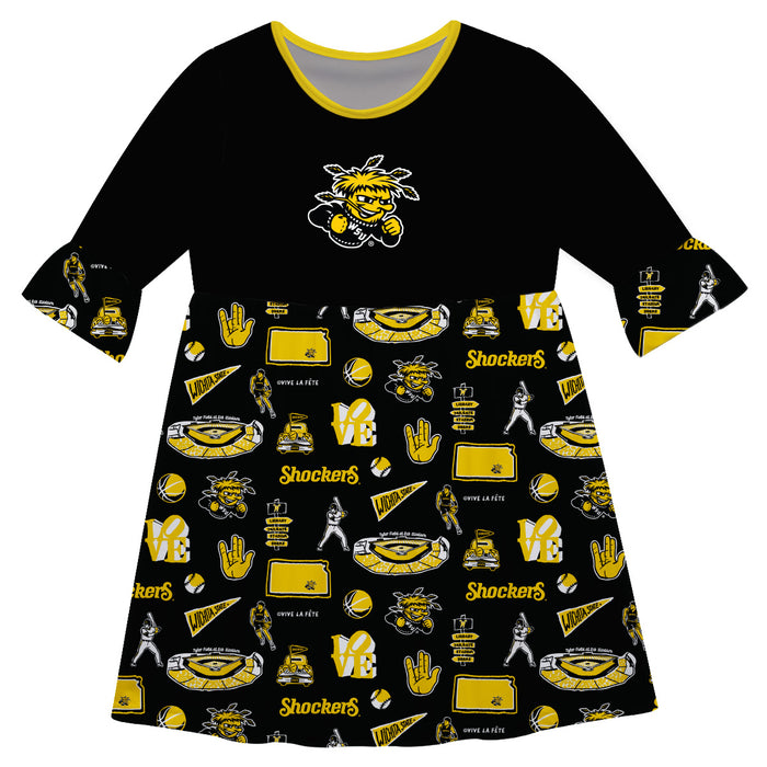 Wichita State Shockers WSU 3/4 Sleeve Solid Black Repeat Print Hand Sketched Vive La Fete Impressions Artwork on Skirt