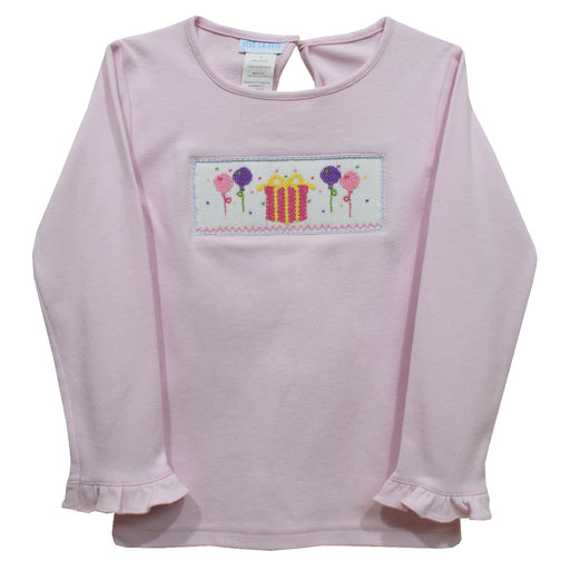 Birthday Smocked Light Pink Knit Ruffle Long Sleeve Girls Tee Shirt