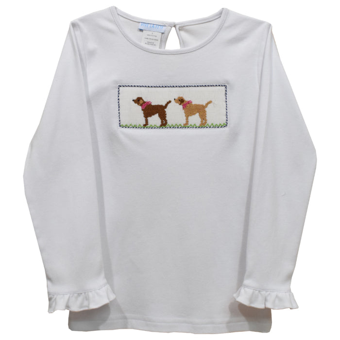 Labrador Smocked White Knit Ruffle Long Sleeve Girls Tee Shirt