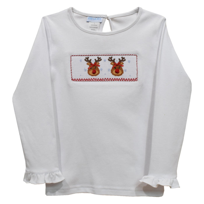 Rudolphs Smocked White Knit Ruffle Long Sleeve Girls Tee Shirt