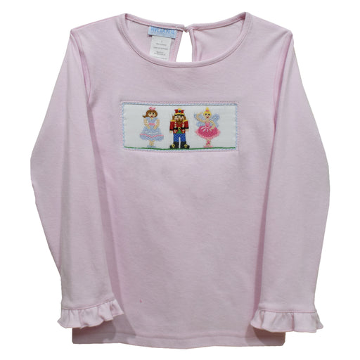 Nutcrackers Smocked Light Pink Knit Ruffle Long Sleeve Girls Tee Shirt