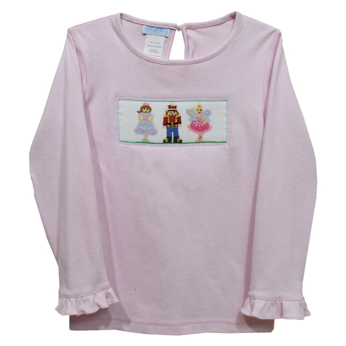 Nutcrackers Smocked Light Pink Knit Ruffle Long Sleeve Girls Tee Shirt