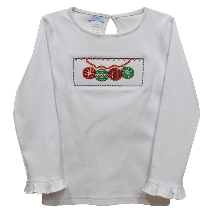 Ornaments Smocked White Knit Ruffle Long Sleeve Girls Tee Shirt